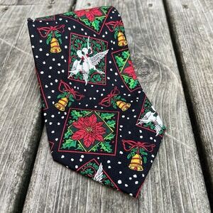 Addiction Christmas Men's Tie  Poinsettia Doves Holly Bell Black Red‎ 4" W 54" L